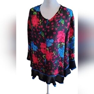 Notations Red and Blue Ruffled Floral 100% Silk 3/4 Sleeve Blouse Size 1X